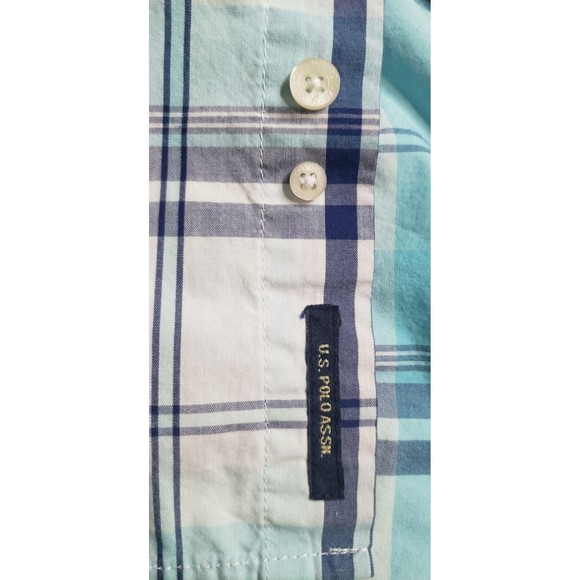 Men's US Polo Association Short Sleeve Blue Plaid Button Up Pink Horse Size Med - Picture 5 of 6